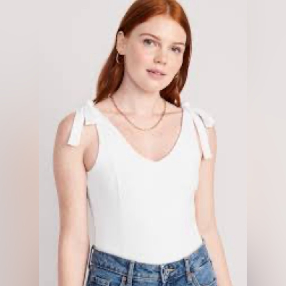 Tie-Shoulder V-Neck Rib-Knit Bodysuit